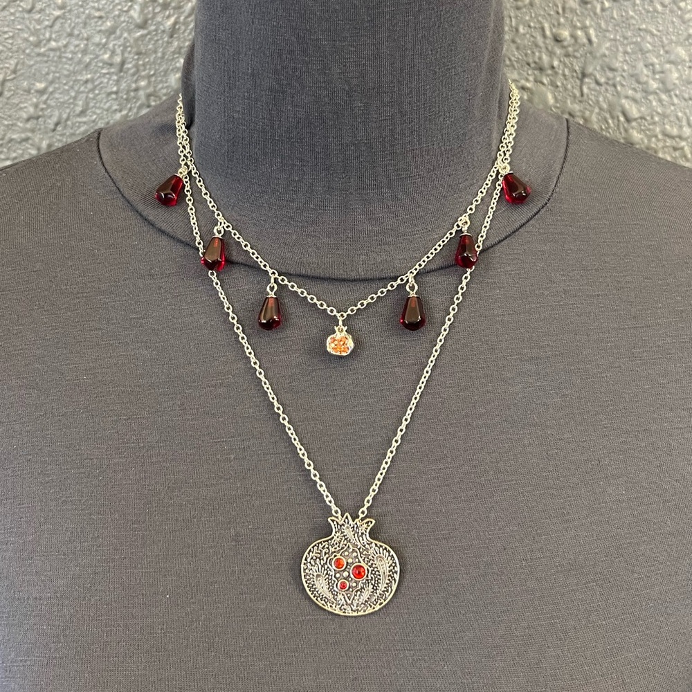 Persephone Greek Goddess Silver Pomegranates and Seeds Handmade 2-Layer Necklace